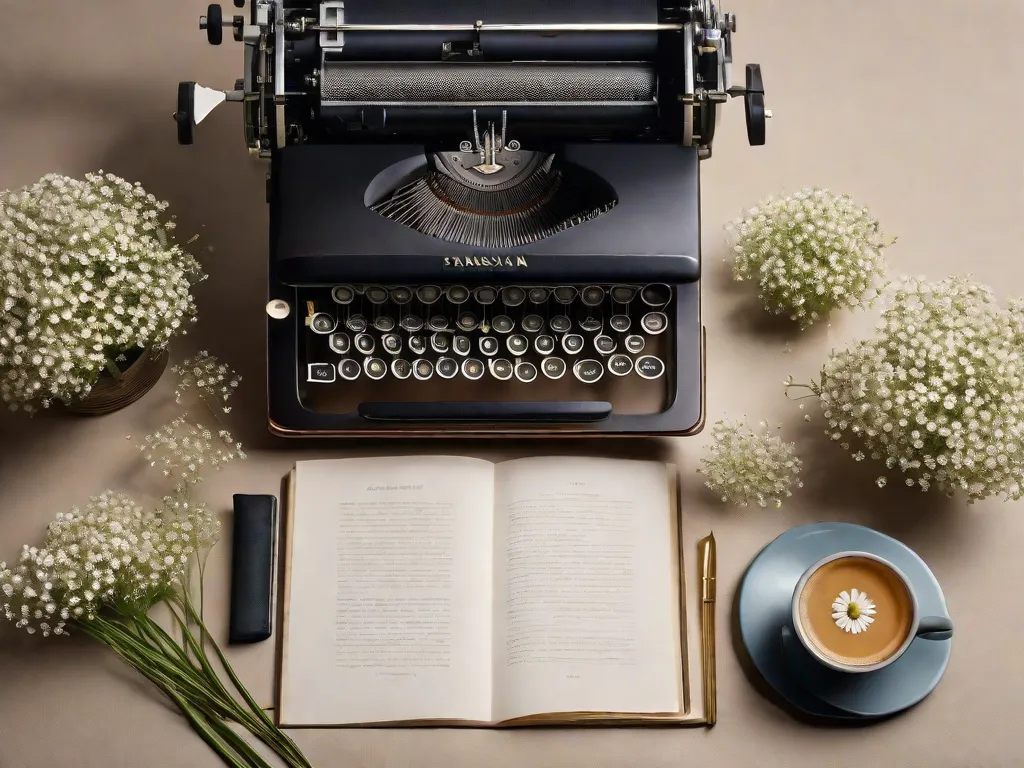 Uma imagem de uma máquina de escrever vintage cercada por delicadas flores brancas, simbolizando a elegância e precisão da poesia parnasiana. A suave iluminação natural realça a atmosfera nostálgica, convidando os leitores a explorar o encantador mundo do Parnasianismo brasileiro.
