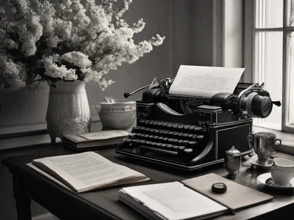 Uma fotografia em preto e branco de uma elegante máquina de escrever, adornada com flores delicadas e cercada por uma coleção de poemas escritos à mão. A luz suave ilumina a escrivaninha vintage, refletindo a beleza atemporal das palavras de Cecília Meireles, capturando a essência de sua sensibilidade e poesia.