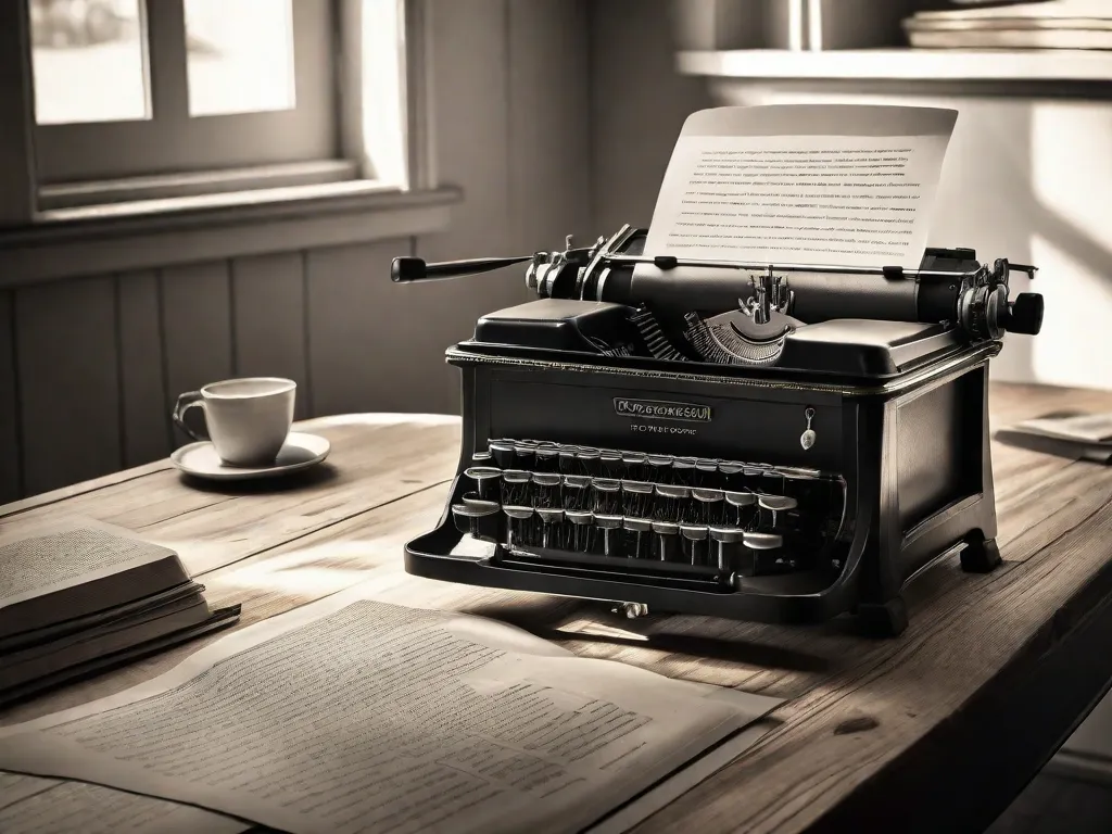 Uma fotografia em preto e branco de uma elegante máquina de escrever antiga, sentada em uma mesa de madeira. A máquina de escrever está cercada por folhas de papel espalhadas, preenchidas com versos cuidadosamente elaborados em português. Um raio de sol ilumina a cena, adicionando um toque de nostalgia e destacando o encanto da poesia parnasiana na literatura