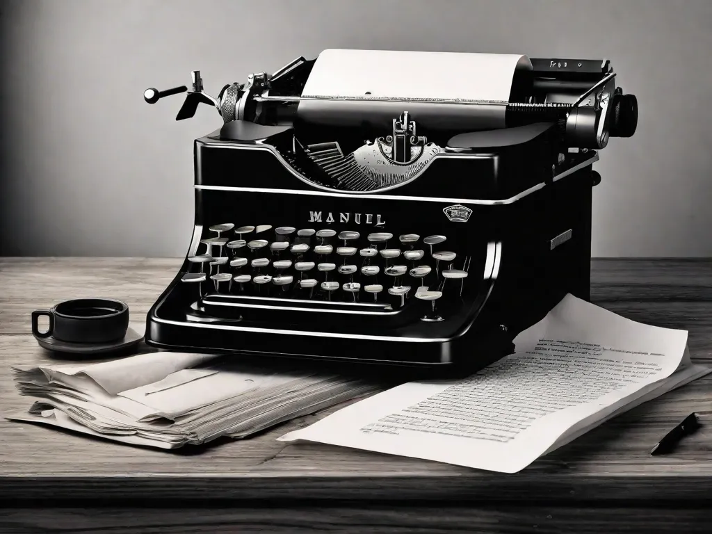Uma fotografia em preto e branco de uma antiga máquina de escrever sobre uma mesa de madeira. A máquina de escrever está cercada por papéis amassados, simbolizando o processo criativo de Manuel Bandeira. A simplicidade da cena reflete as palavras profundas e atemporais do poeta que continuam a inspirar os leitores hoje em dia.
