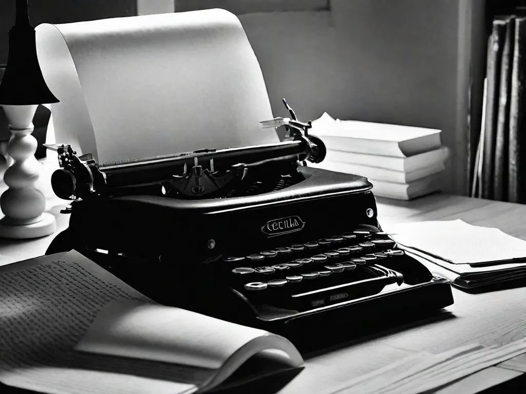 Uma fotografia em preto e branco de uma máquina de escrever sentada em uma mesa de madeira, cercada por folhas de papel espalhadas. A suave luz de uma luminária de mesa ilumina a cena, criando uma atmosfera nostálgica e íntima. Essa imagem captura a essência do lirismo e da sensibilidade poética de Cecília Meireles, simbolizando o processo cri