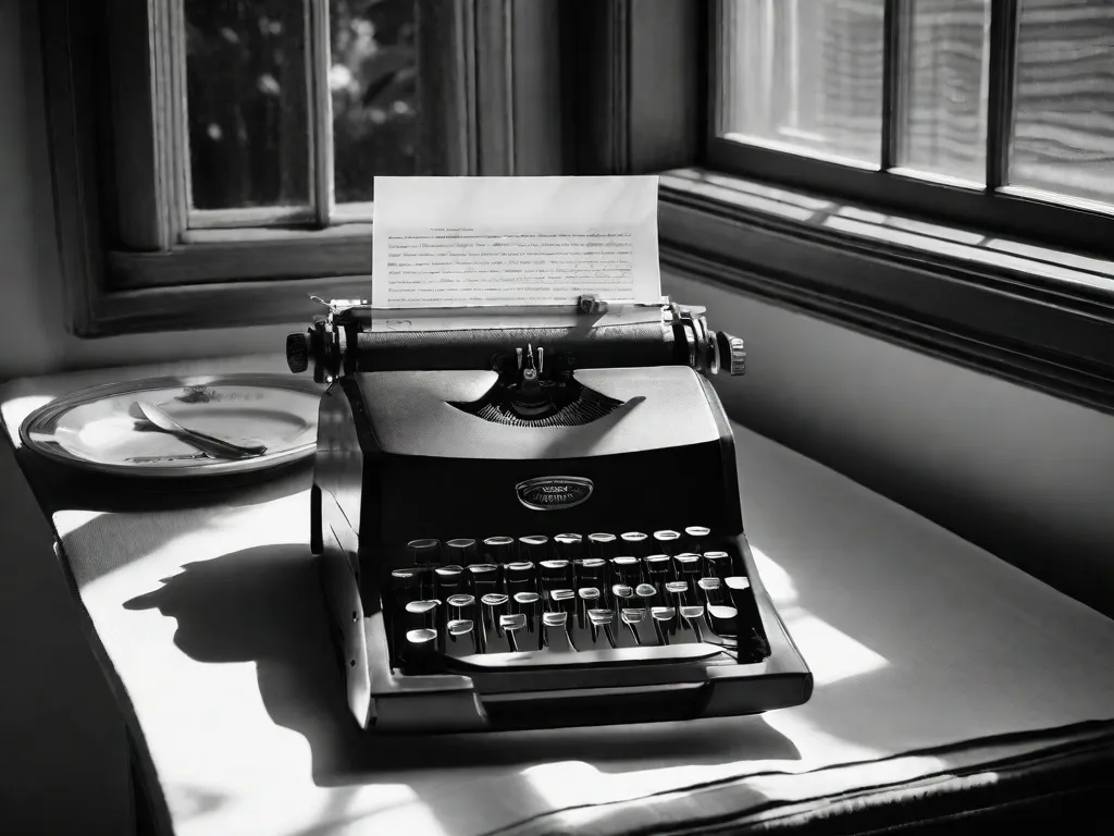 Uma fotografia em preto e branco de uma máquina de escrever antiga, com uma pilha de papéis arrumados ao lado. A máquina de escrever está posicionada perto de uma janela, permitindo que raios suaves de luz solar se filtrem, criando um brilho etéreo. Essa imagem captura a essência do universo parnasiano na poesia brasileira, com seu foco na
