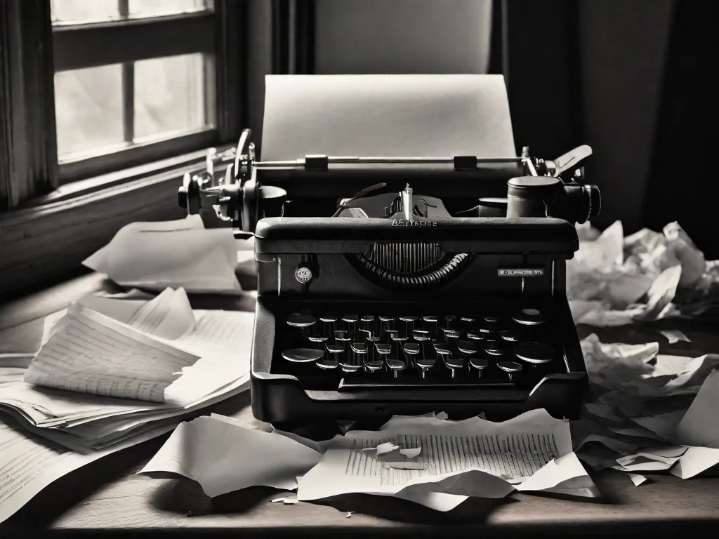 Uma fotografia em preto e branco de uma máquina de escrever sobre uma mesa de madeira, cercada por papéis amassados. A luz fraca lança longas sombras, enfatizando a solidão e a introspecção que muitas vezes acompanham a prosa profunda e o existencialismo encontrados nas obras de Clarice Lispector.