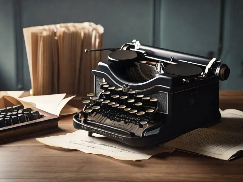 Imagem: Um close de uma máquina de escrever antiga, com suas teclas dispostas de forma desordenada. A máquina de escrever está cercada por papéis amassados, simbolizando o processo criativo e a profunda introspecção que as histórias e reflexões de Clarice Lispector evocam. A iluminação fraca cria uma atmosfera de mistério e contemplação.