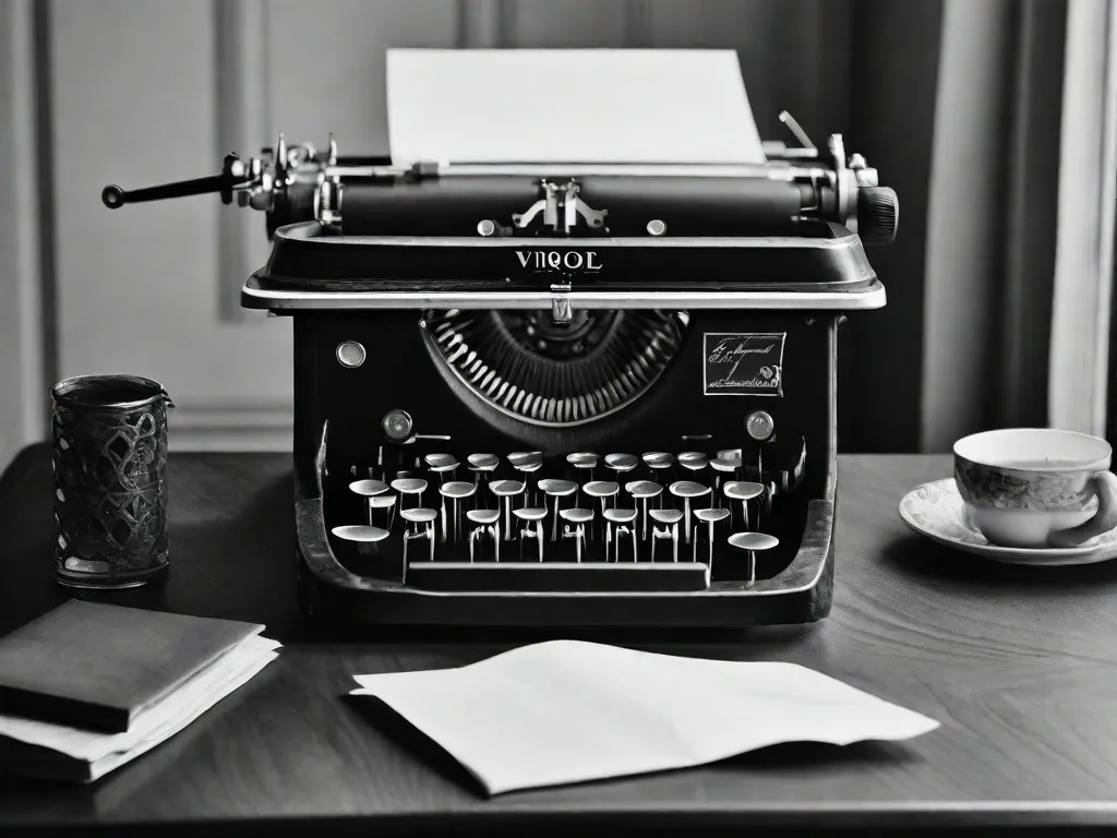 Descrição da imagem: Uma fotografia em preto e branco de uma máquina de escrever com uma folha de papel inserida, capturando a essência da escrita revolucionária de Virginia Woolf. A imagem destaca a elegância e simplicidade da máquina de escrever, simbolizando o poder e o impacto da literatura feminista de Woolf no mundo da escrita.