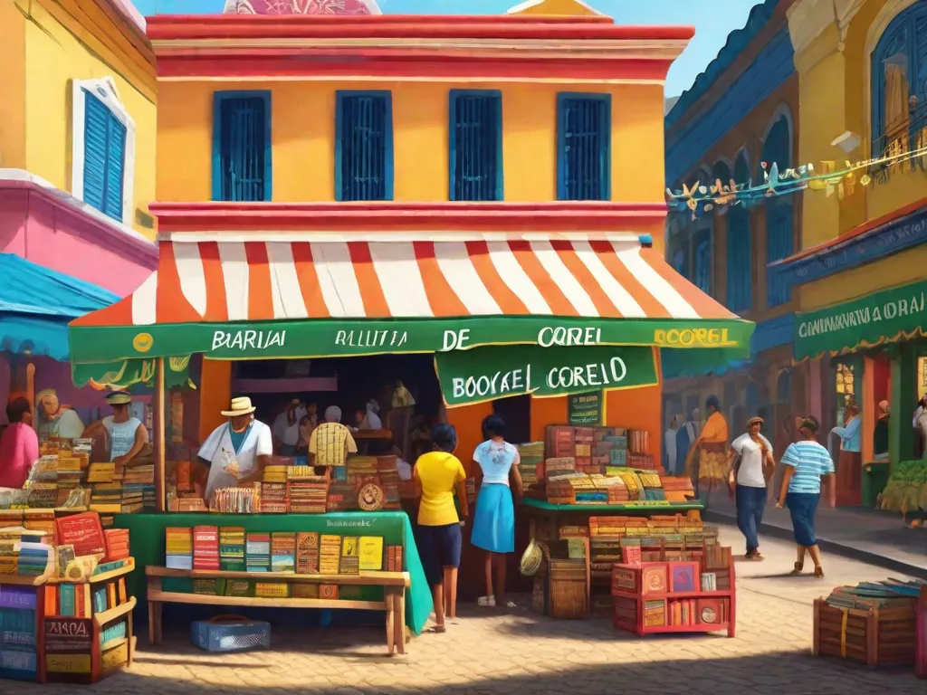 Uma imagem vibrante de um mercado colorido no Brasil, cheio de barracas adornadas com placas pintadas à mão exibindo folhetos tradicionais de 