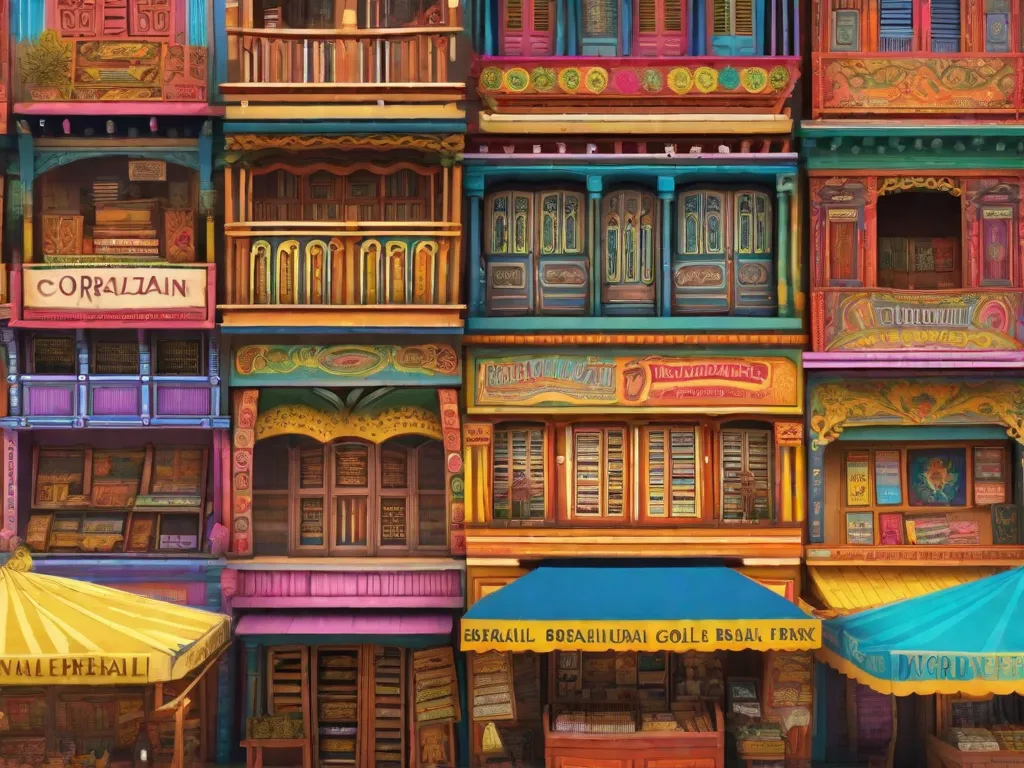 Uma imagem vibrante de um mercado colorido no Brasil, com fileiras de pequenas barracas de madeira adornadas com belas placas pintadas à mão. Cada barraca está cheia de pilhas de panfletos com designs intricados, mostrando a essência da 