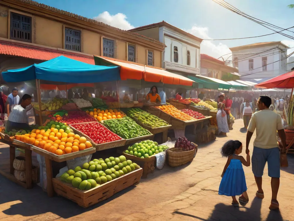 Uma imagem vibrante de um movimentado mercado no Nordeste do Brasil, com barracas coloridas cheias de frutas frescas, legumes e artesanatos locais. O sol brilha intensamente, lançando um brilho caloroso sobre a cena animada, capturando a essência das ricas narrativas culturais retratadas por José Lins do Rego em suas obras.