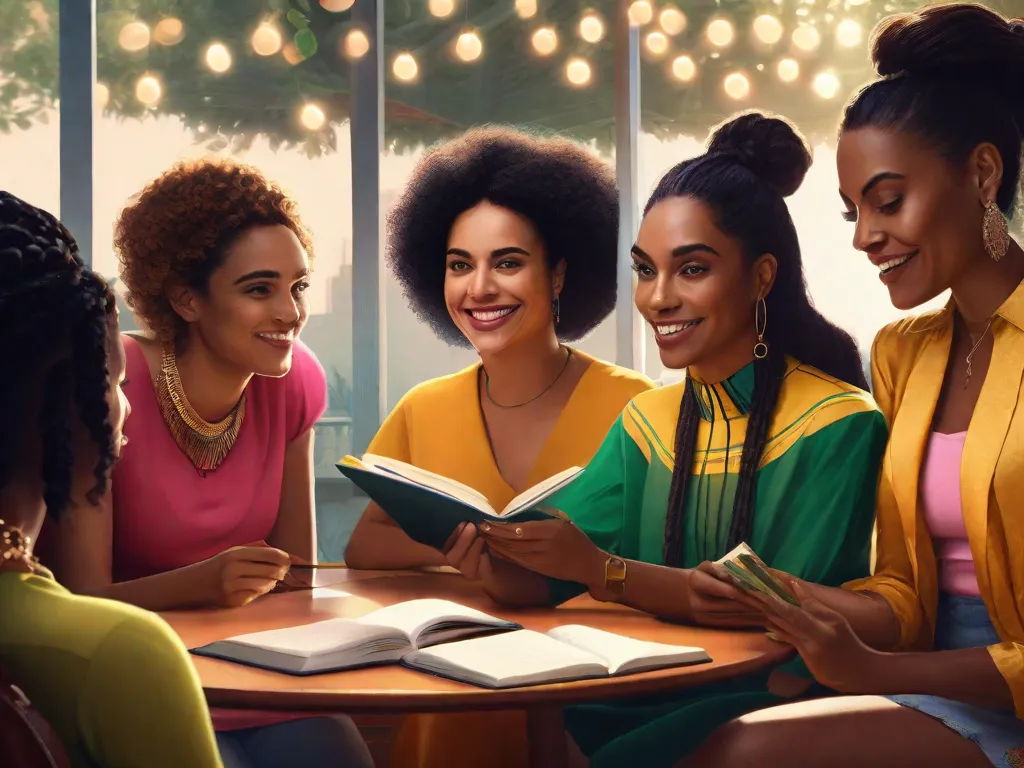 Uma foto de um grupo de mulheres diversas sentadas ao redor de uma mesa, cada uma segurando um livro e envolvida em uma discussão animada. Elas representam a vibrante e talentosa comunidade de escritoras brasileiras contemporâneas, mostrando suas vozes únicas e contribuições para a literatura.