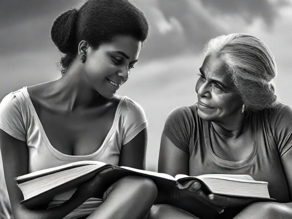 Uma fotografia em preto e branco captura a essência das mulheres na literatura brasileira. Duas mulheres sentam lado a lado, seus rostos cheios de determinação e sabedoria. Suas mãos seguram livros desgastados, simbolizando o poder das palavras para capacitar e inspirar. A imagem retrata a representação e a força das mulheres na literatura brasileira.