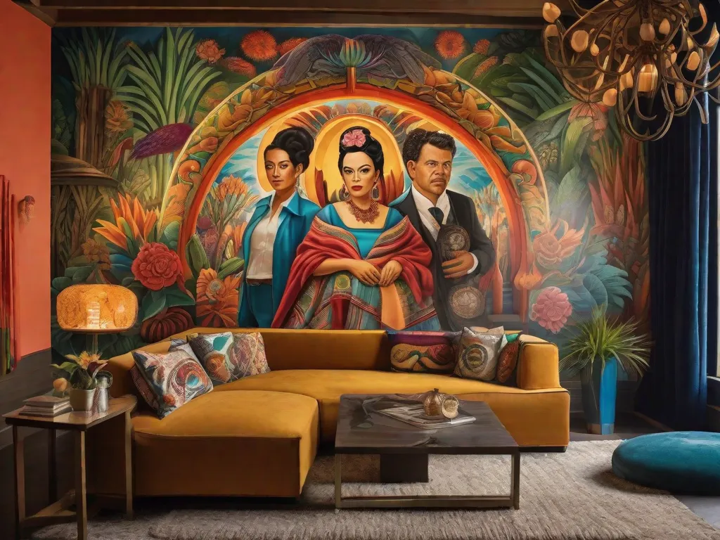 Um vibrante mural de Diego Rivera adorna as paredes, retratando uma mistura surreal da cultura e história mexicana. Cores vibrantes e detalhes intricados dão vida ao rico tecido da arte mexicana, exibindo a perspectiva única do artista e sua maestria no movimento surrealismo.