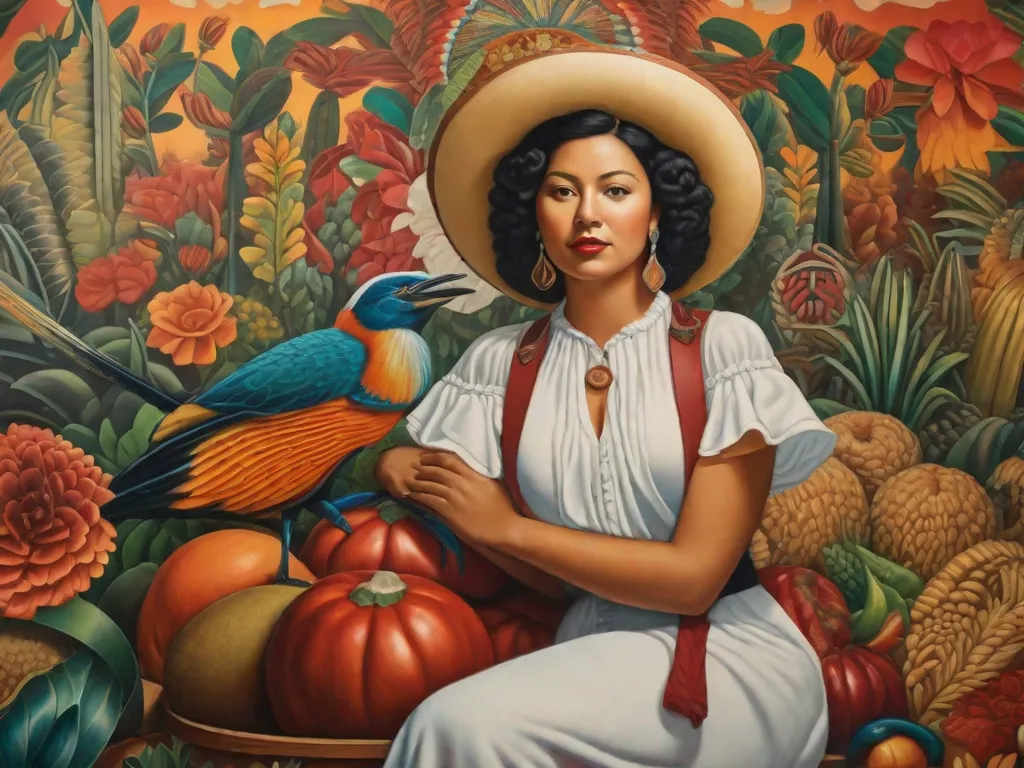 Um mural vibrante de Diego Rivera ocupa o centro do palco, mostrando a essência do surrealismo mexicano. Cores ousadas e detalhes intrincados se entrelaçam, retratando uma mistura harmoniosa de símbolos culturais, figuras históricas e paisagens oníricas. A obra de arte convida os espectadores a se envolverem no cativante mundo da arte mexicana.