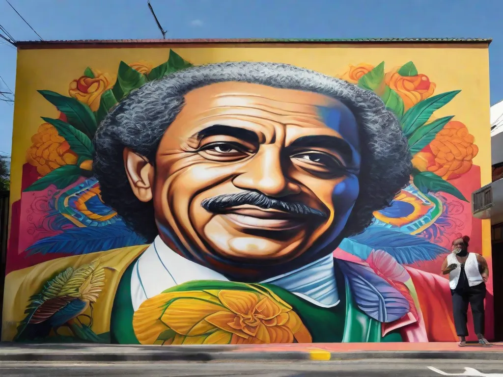 Uma imagem de um vibrante mural de rua retratando Mário de Andrade, um proeminente escritor brasileiro e figura-chave no movimento modernista. O mural destaca sua paixão por celebrar a diversidade e identidade cultural do Brasil através de suas obras literárias.