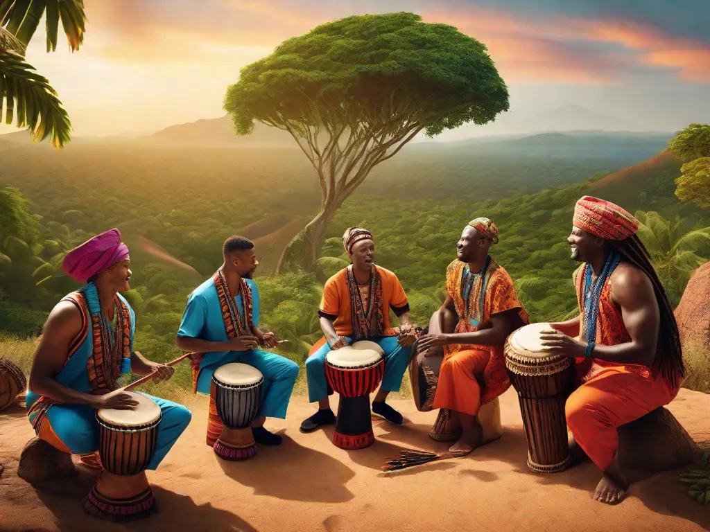 Uma imagem vibrante captura um grupo de músicos tocando instrumentos tradicionais africanos, como tambores djembe e kora, enquanto estão cercados por paisagens brasileiras. A fusão de ritmos africanos e melodias brasileiras simboliza o rico intercâmbio cultural que moldou o som único da música brasileira.