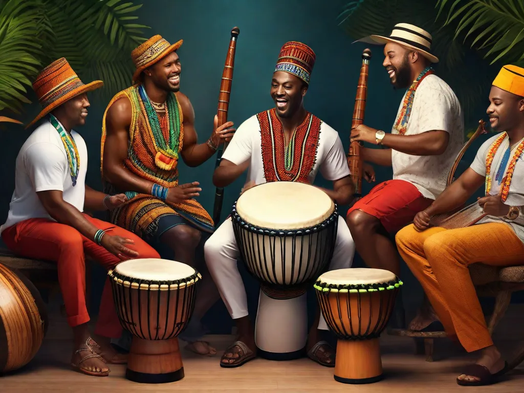 Uma imagem vibrante de músicos tocando instrumentos tradicionais africanos, como tambores djembe, kora e shekere, enquanto cercados por músicos brasileiros tocando ritmos de samba e bossa nova. A fusão de elementos musicais africanos e brasileiros simboliza a rica e profunda influência da cultura africana na música brasileira.