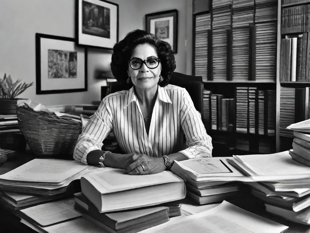 Uma fotografia em preto e branco de Nélida Piñon, uma renomada autora brasileira, sentada em sua mesa cercada por pilhas de livros e papéis. Seu rosto reflete um senso de sabedoria e introspecção, incorporando o conceito de memória e identidade que ela explora em suas obras literárias.