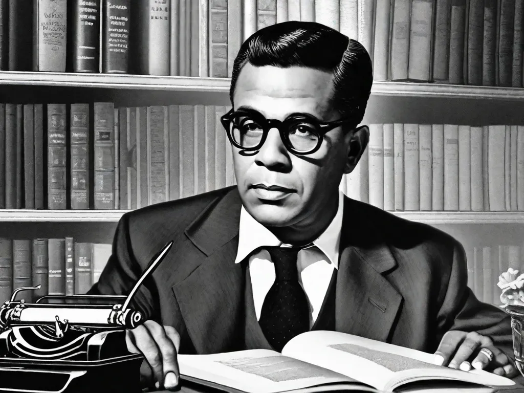 Descrição da imagem: Uma fotografia em preto e branco de Oswald de Andrade, um escritor brasileiro, sentado em uma mesa com uma máquina de escrever. Ele está profundamente pensativo, usando óculos e um terno. O quarto está cheio de livros e papéis, refletindo sua dedicação em revolucionar a literatura brasileira.