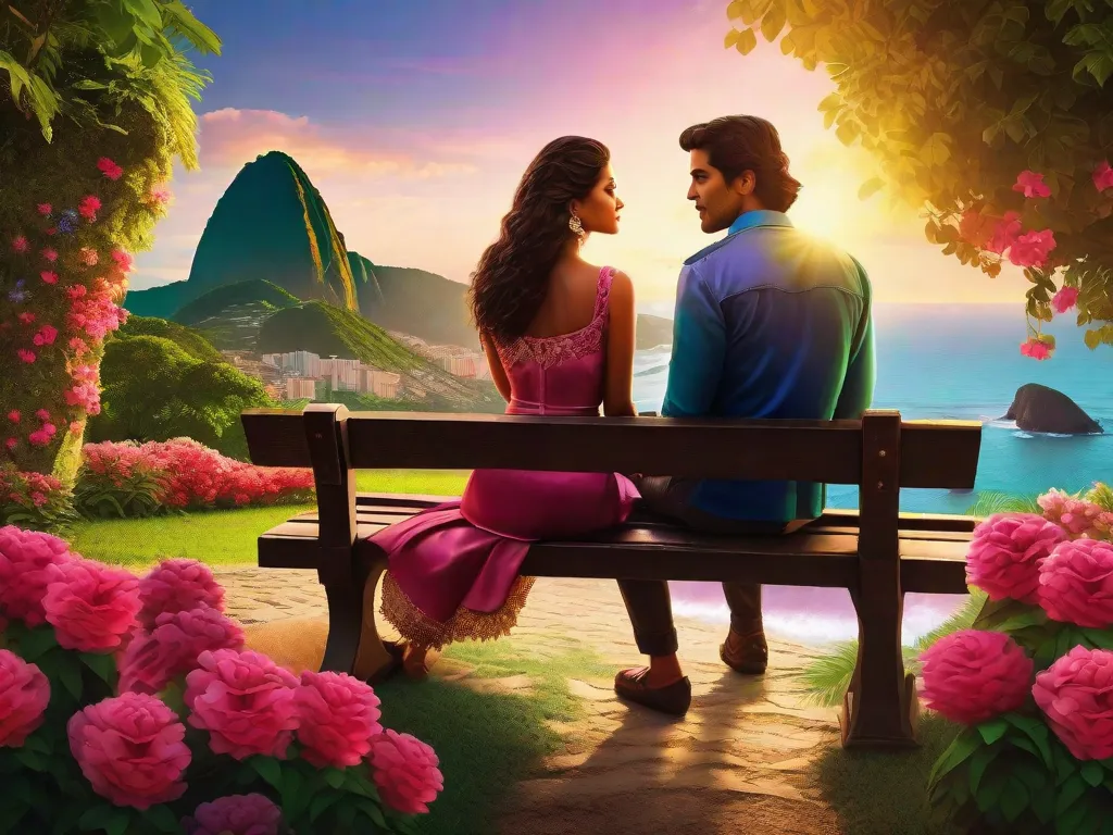 Uma imagem de uma exuberante paisagem brasileira com cores vibrantes, retratando o romantismo do país. Um casal é visto sentado em um banco, rodeado por flores em flor e um pôr do sol pitoresco, capturando a essência do amor e da paixão que caracterizaram a era romântica no Brasil.
