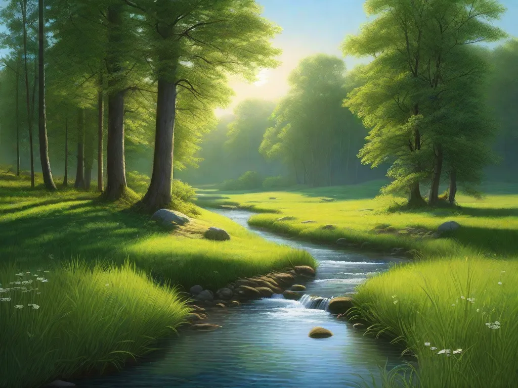 Descrição da imagem: Uma pintura de paisagem serena retratando um prado verde exuberante cercado por árvores altas. O sol brilha intensamente em um céu azul claro, lançando um brilho quente sobre a cena. Um pequeno riacho corre pelo prado, adicionando uma sensação de tranquilidade ao cenário idílico.
