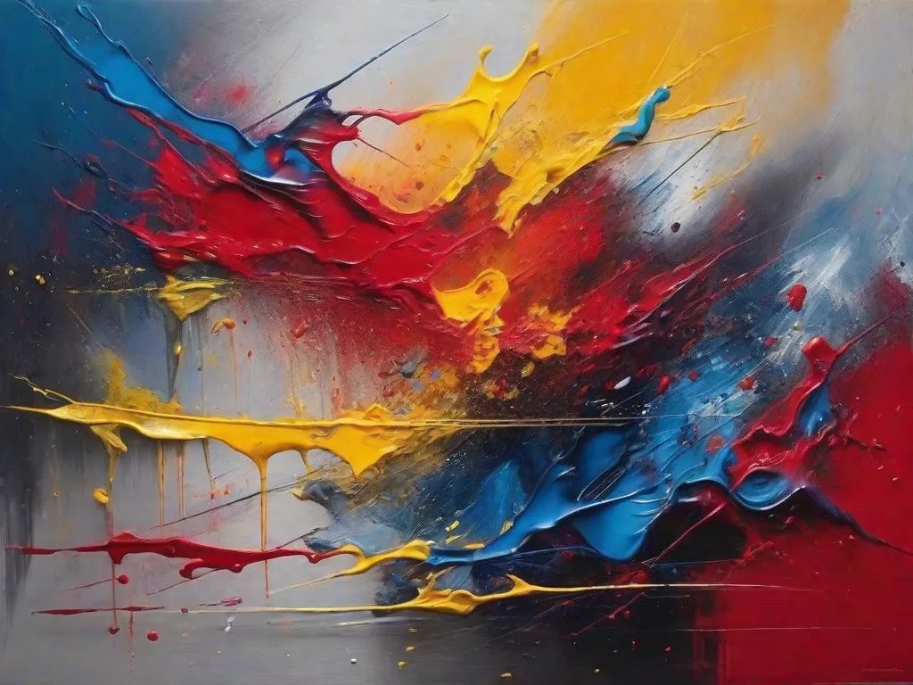 Imagem de uma tela pintada com pinceladas vibrantes e caóticas, misturando cores intensas como vermelho, amarelo e azul. A pintura transmite uma sensação de emoção e energia, com formas abstratas que parecem dançar e se fundir umas nas outras. Uma verdadeira explosão de expressão artística.