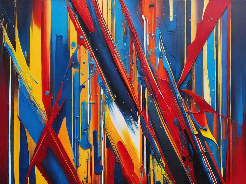 Imagem de uma pintura abstrata com cores vibrantes de vermelho, azul e amarelo. Os traços do pincel são rápidos e livres, transmitindo uma sensação de energia e emoção. A composição é caótica, com formas e linhas que se entrelaçam, convidando o espectador a interpretar a obra de acordo com sua própria experiência.