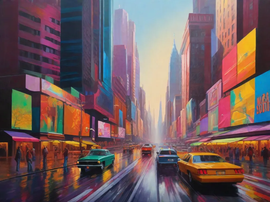 Uma pintura vibrante de uma paisagem urbana movimentada é retratada, com cores ousadas e intensas dominando a tela. O uso do artista de tons vivos cria uma sensação de energia e emoção, mostrando o poder transformador da cor no movimento neofauvista.