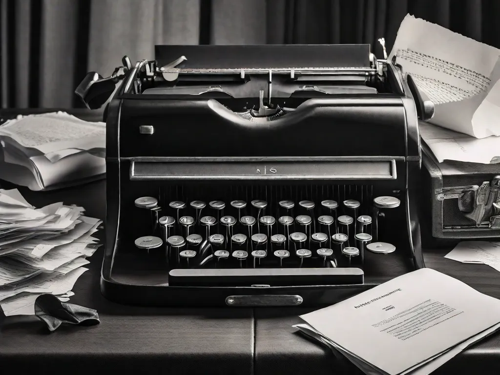 Uma fotografia em preto e branco de uma máquina de escrever sentada em uma mesa, cercada por folhas de papel amassadas. A imagem representa a estética moderna da poesia brasileira, destacando os estilos diversos e autores influentes que continuam a moldar o cenário literário.