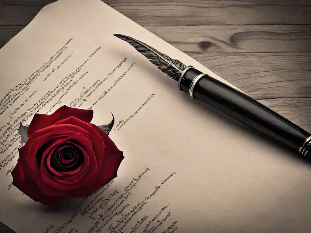 Uma fotografia em preto e branco de uma pena de escrever descansando sobre um papel de pergaminho antigo, com uma única rosa vermelha colocada ao lado. A imagem simboliza a essência romântica e sentimental da poesia de Fagundes Varela, capturando a elegância e profundidade de suas palavras.