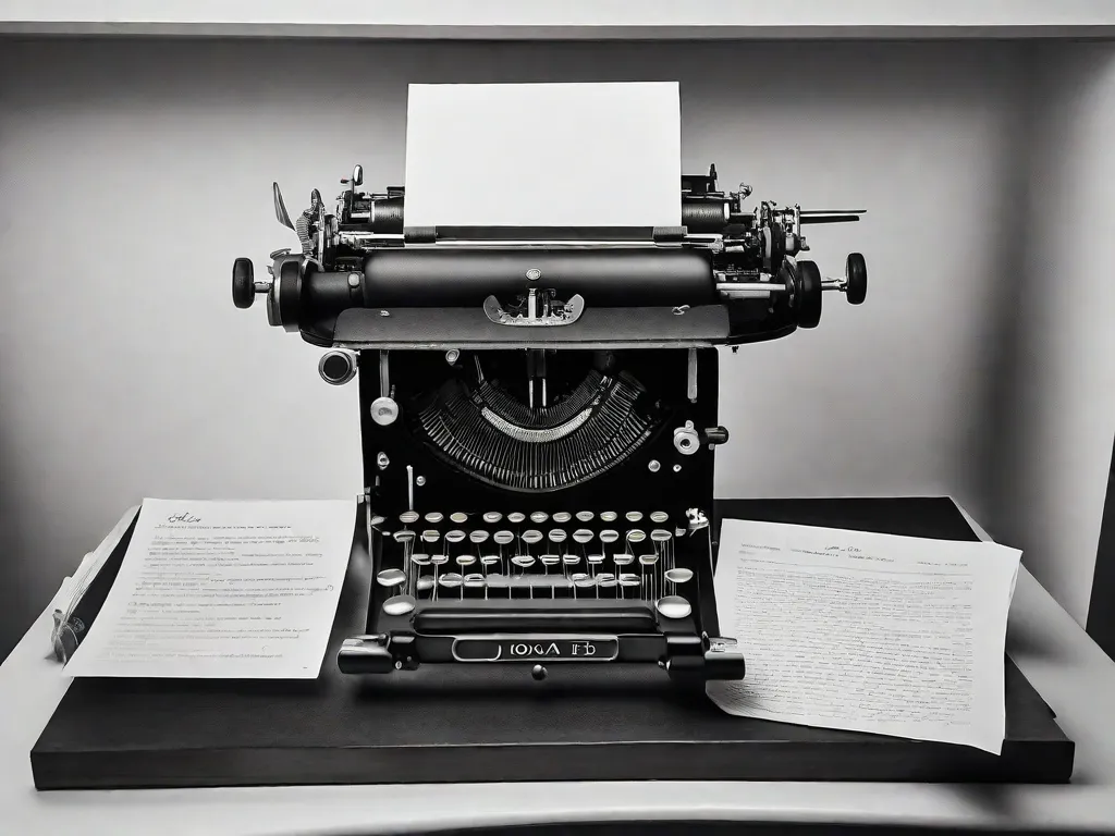 Uma fotografia em preto e branco de uma antiga máquina de escrever, com uma folha de papel inserida e algumas linhas de poesia digitadas nela. As teclas estão desgastadas, simbolizando a precisão e a meticulosidade da arte da poesia de João Cabral de Melo Neto, capturando a essência de seu estilo.