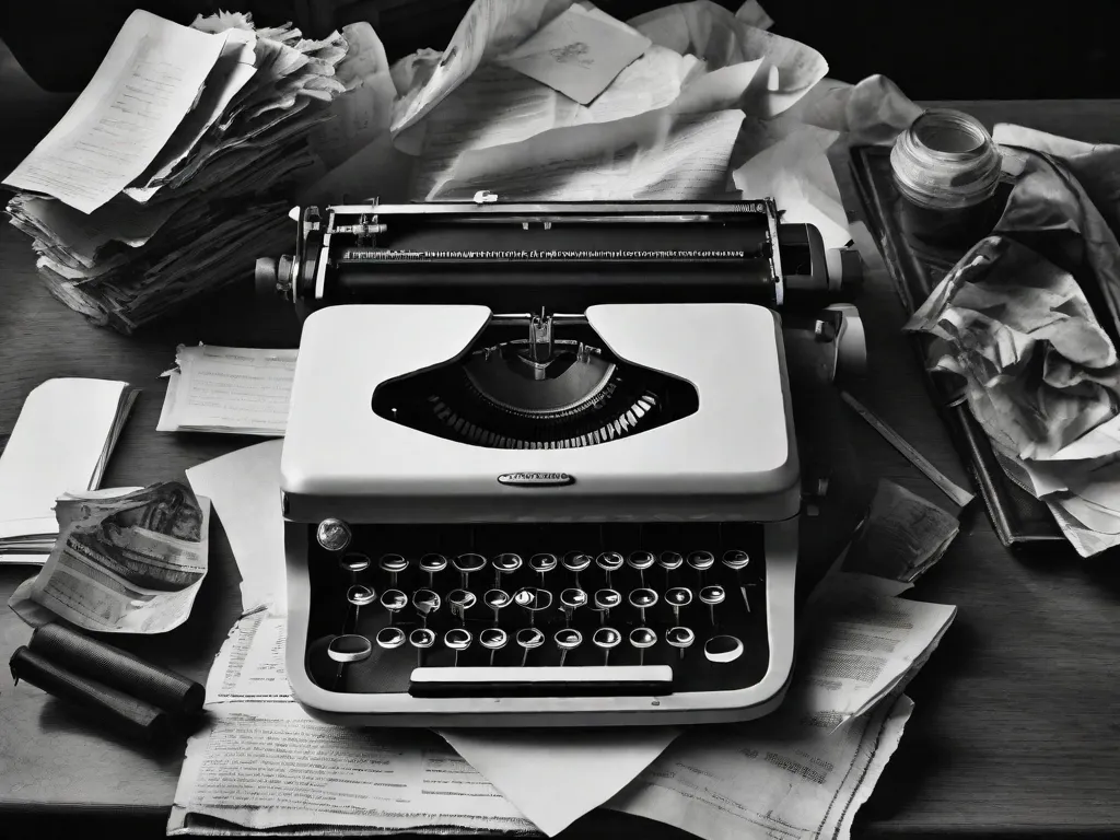 Uma fotografia em preto e branco de uma máquina de escrever desgastada, sentada em uma mesa bagunçada, cercada por papéis amassados. A imagem captura a essência da poesia de Carlos Drummond, retratando a beleza e a profundidade encontradas na simplicidade da vida cotidiana.