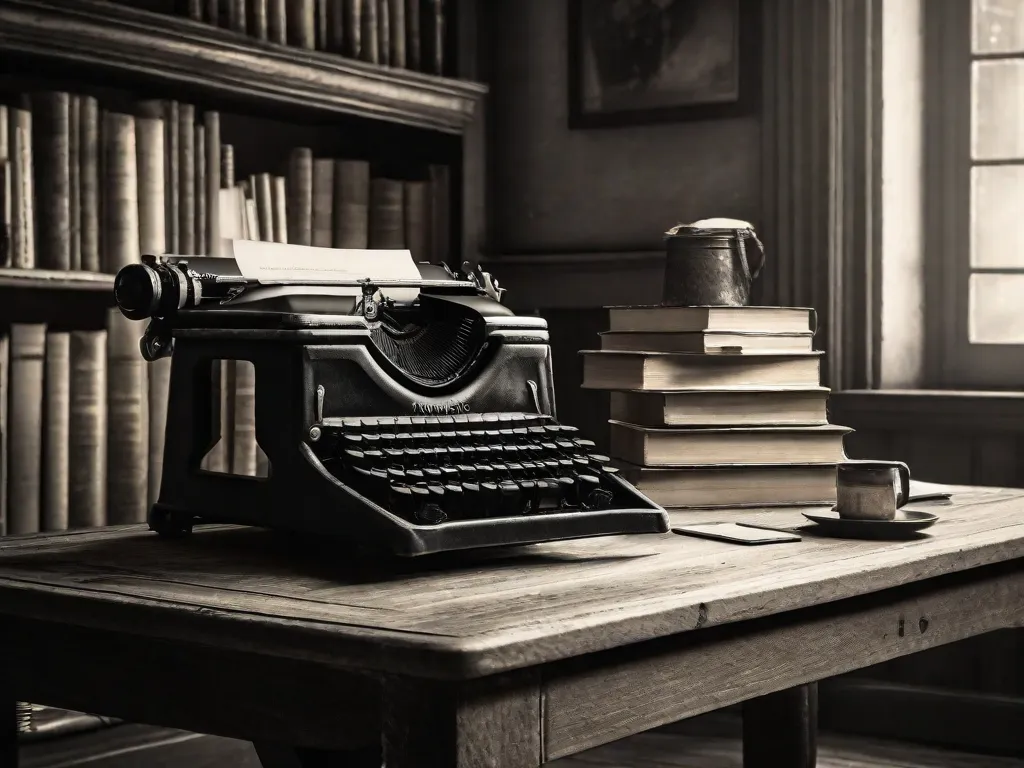 Uma fotografia em preto e branco de uma antiga máquina de escrever sobre uma mesa de madeira. A máquina de escrever está cercada por papéis amassados, simbolizando o processo criativo de Manuel Bandeira. A simplicidade da cena reflete as palavras profundas e atemporais do poeta que continuam a inspirar os leitores hoje em dia.