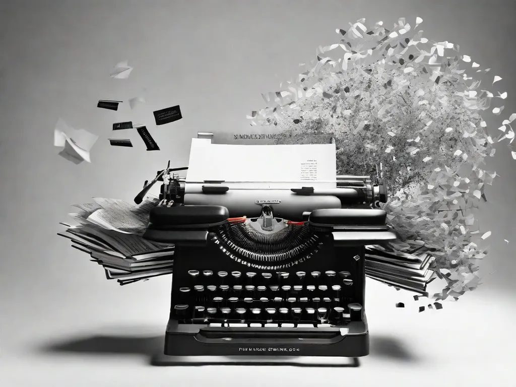 Uma fotografia em preto e branco de uma máquina de escrever flutuando no ar, cercada por um aglomerado de palavras vibrantes e abstratas. As palavras parecem estar escapando da máquina de escrever, se entrelaçando umas com as outras e formando uma dança poética no ar. Essa imagem representa a essência surrealista da poesia de Murilo Mendes.
