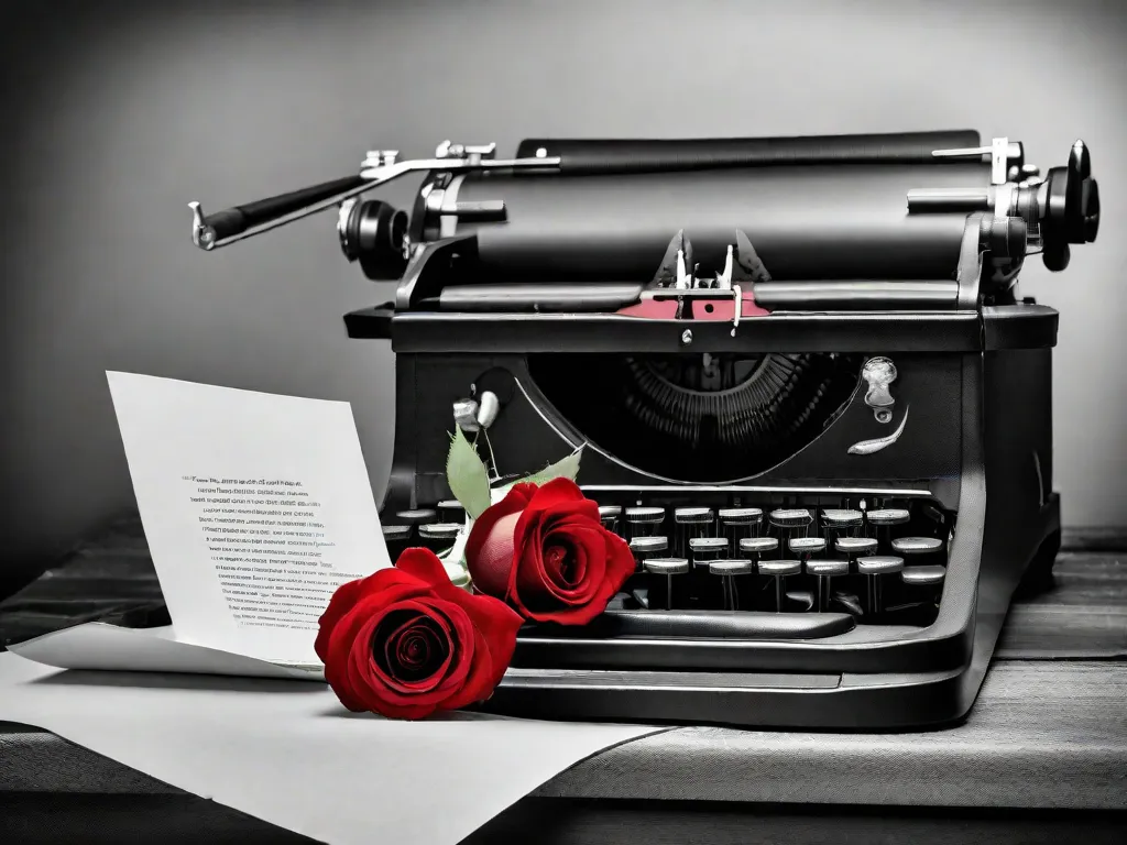 Uma fotografia em preto e branco de uma máquina de escrever com um pedaço de papel saindo, adornado com uma única rosa vermelha. A imagem captura a essência da poesia parnasiana de Olavo Bilac, mostrando a elegância e precisão de suas palavras, assim como a meticulosa arte da máquina de escrever.