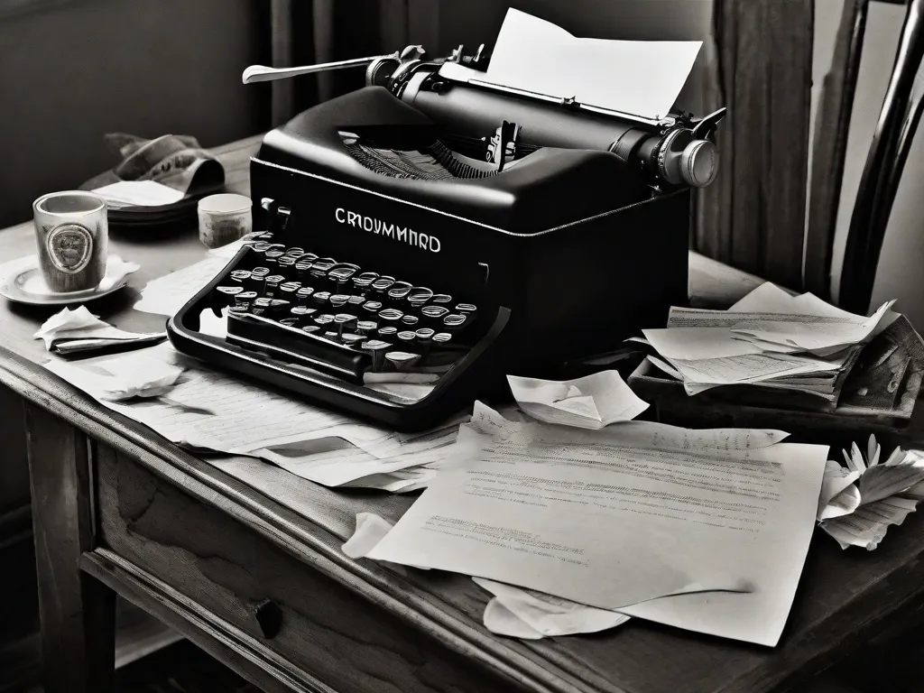 Uma fotografia em preto e branco de uma máquina de escrever desgastada, sentada em uma mesa de madeira, cercada por papéis amassados. A imagem captura a essência da poesia de Carlos Drummond, retratando a beleza e complexidade da vida cotidiana através da simplicidade das ferramentas de um escritor.
