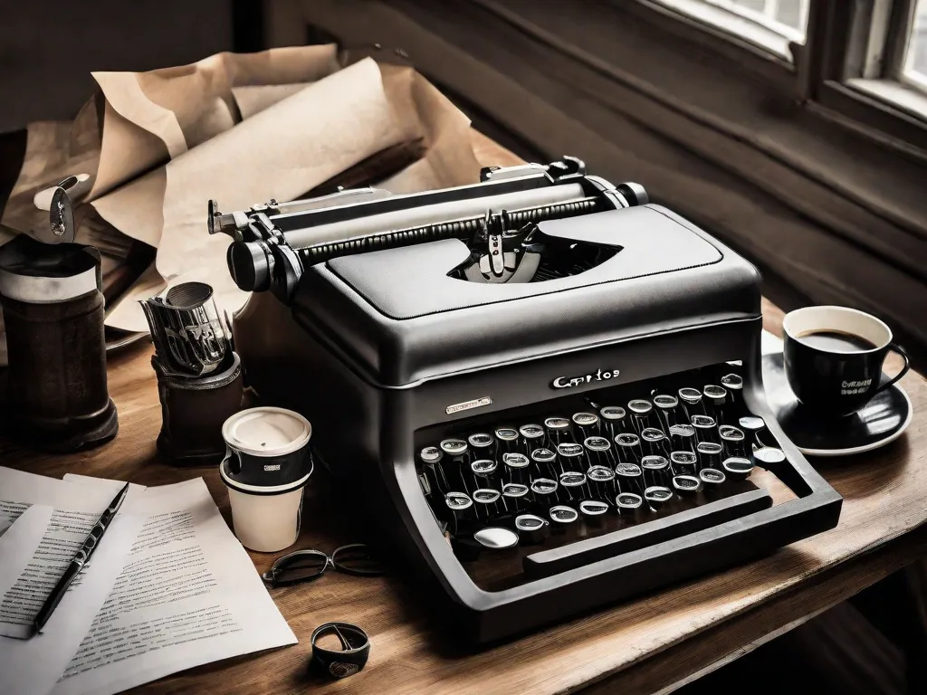 Uma fotografia em preto e branco de uma máquina de escrever colocada em uma mesa de madeira rústica. A máquina de escrever está cercada por folhas de papel amassadas, uma caneca de café com uma xícara meio cheia e um par de óculos. A imagem captura a essência de Carlos Drummond de Andrade como um poeta da vida cotidiana, com as ferramentas e elementos que