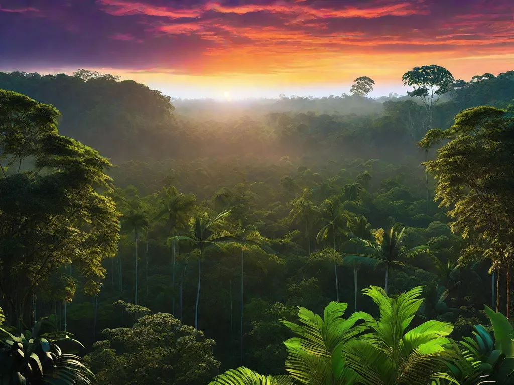 Descrição da imagem: Um pôr do sol vibrante sobre a floresta amazônica, com as silhuetas de árvores altas e vegetação exuberante contra um céu colorido. Os raios do sol poente iluminam a folhagem densa, criando uma atmosfera mágica e serena que captura a essência da prosa de Dalcídio Jurandir, ecoando a