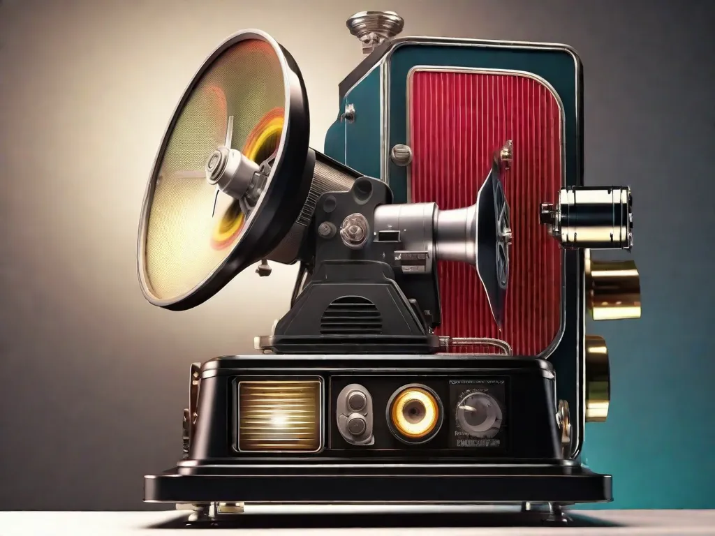 Uma imagem de um projetor de cinema antigo, com seus rolos girando e um feixe de luz projetando em uma tela em branco. Ao lado, um projetor de cinema digital moderno, emitindo cores vibrantes e alto-falantes de som surround, simbolizando a transição dos filmes silenciosos para a era do som no cinema.
