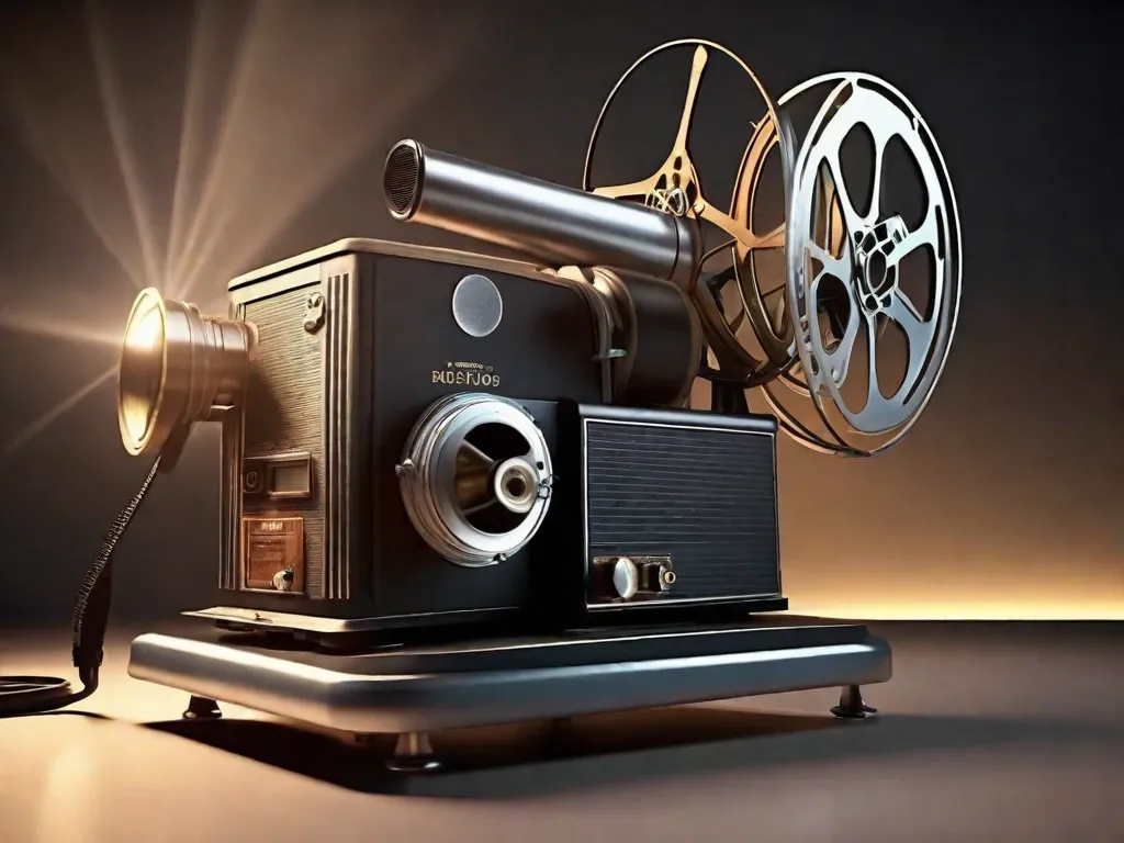 Uma imagem em preto e branco de um projetor de cinema antigo, com bobinas de filme e um microfone colocado ao lado dele. A luz do projetor lança um brilho nostálgico, simbolizando a transição dos filmes silenciosos para a era do som no cinema.