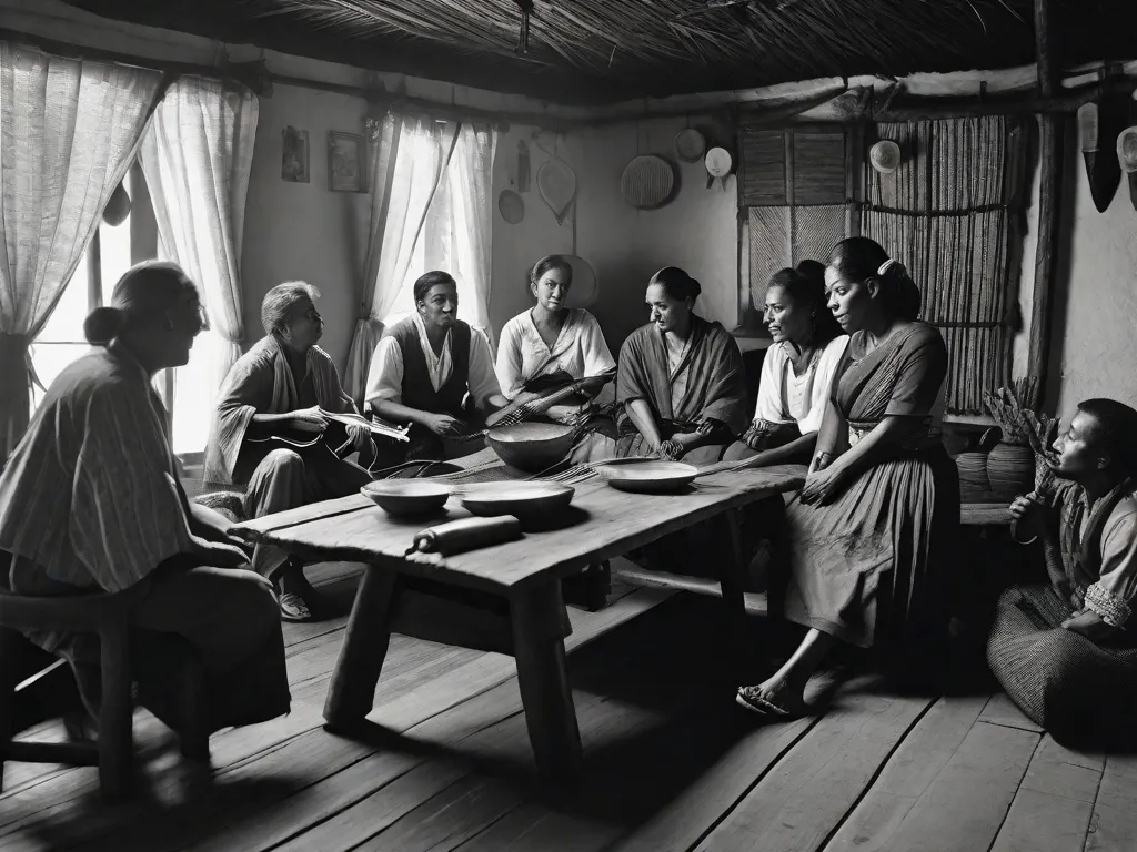 Uma fotografia em preto e branco de Rachel de Queiroz, uma renomada escritora brasileira, sentada em uma mesa rústica de madeira em uma casa tradicional do Nordeste. Ela está cercada por um grupo de músicos locais tocando instrumentos tradicionais, capturando a essência do regionalismo nordestino na literatura e na cultura.