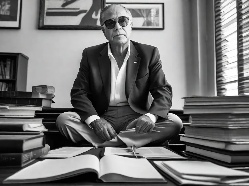 Uma fotografia em preto e branco mostrando Raul Bopp, uma figura chave no Movimento Modernista Brasileiro. Bopp está confiante, vestindo um terno e segurando um livro, com um olhar determinado em seu rosto. A imagem captura sua paixão e contribuição para a revolução literária e artística da época.