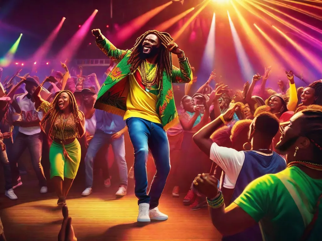 Uma imagem vibrante de um show de reggae, com uma multidão de pessoas dançando e balançando ao ritmo. O palco é adornado com luzes coloridas, e o ar está cheio do som energético da música reggae. Essa imagem captura a influência cultural e o espírito contagiante do reggae.