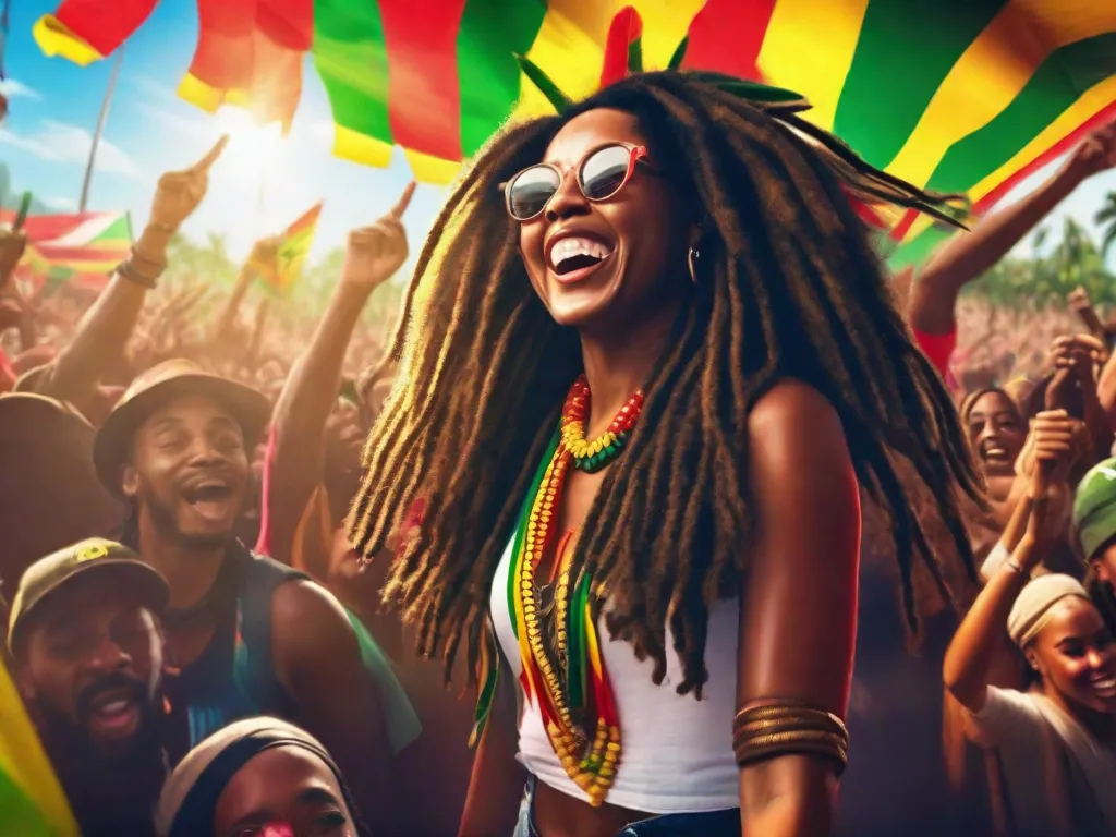 Uma imagem vibrante de um show de reggae, com uma multidão de pessoas balançando ao ritmo da música. O palco é adornado com bandeiras coloridas e o ar está cheio da energia contagiante do reggae. Essa imagem captura a influência cultural e o espírito inspirador que o reggae traz para as pessoas ao redor do mundo.