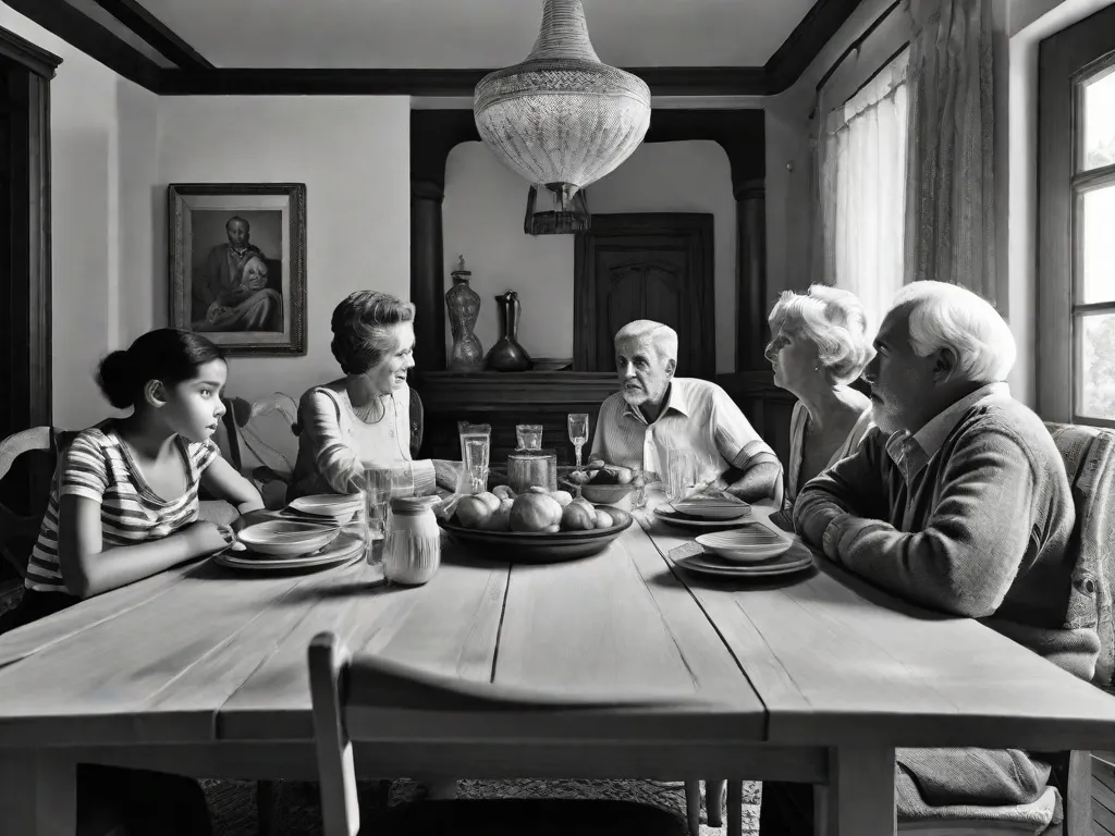 Descrição: Uma fotografia em preto e branco de uma família reunida ao redor de uma mesa de jantar. A geração mais velha senta-se na cabeceira, seus rostos refletindo sabedoria e experiência, enquanto os mais jovens ouvem atentamente. A imagem captura a essência da exploração de Érico Veríssimo sobre as dinâmicas familiares e como elas se entrel