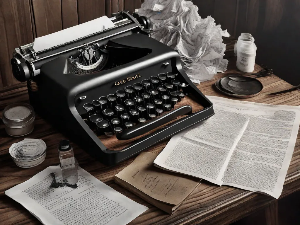 Uma fotografia em preto e branco de uma máquina de escrever em cima de uma mesa de madeira, cercada por papéis amassados e mãos manchadas de tinta. A imagem captura a essência de 