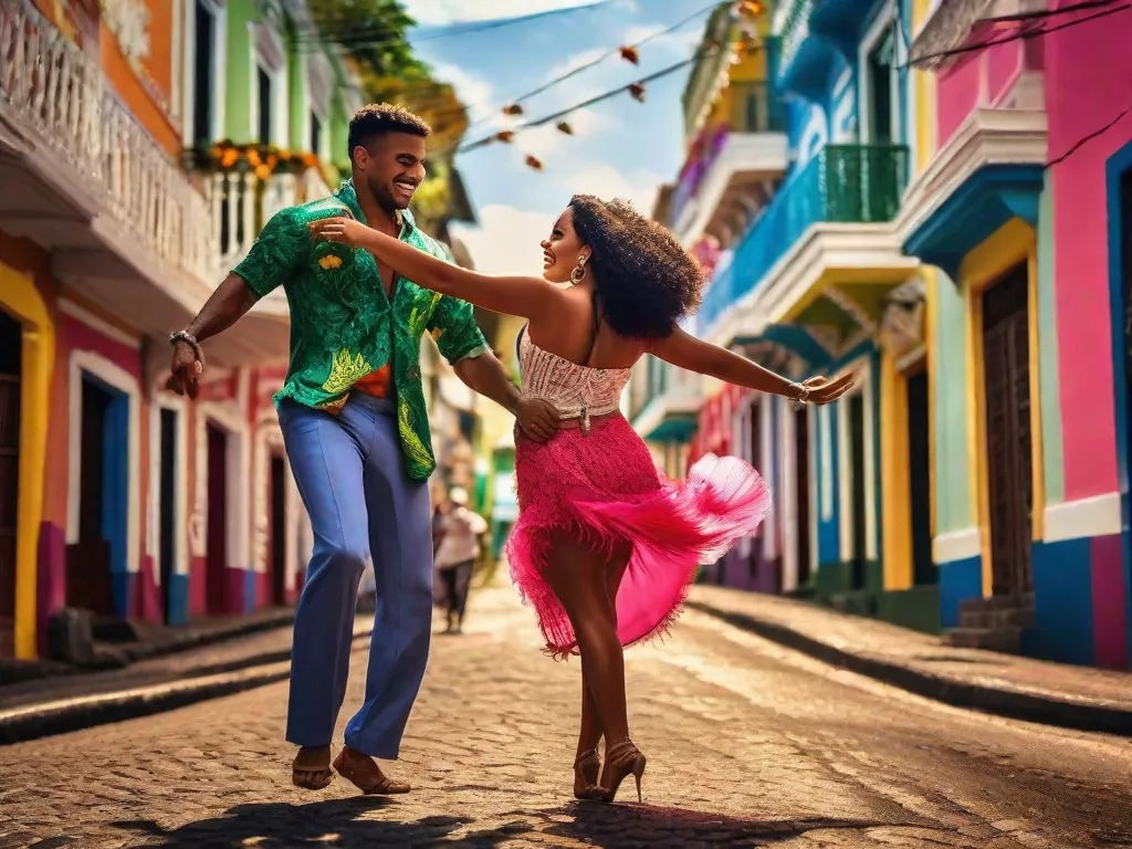Uma imagem vibrante das ruas coloridas de Salvador, Bahia, onde o espírito dos romances de Jorge Amado ganha vida. A foto captura a essência do romance e do envolvimento, com pessoas dançando ao som do samba, abraçando a rica herança cultural da região nordeste do Brasil.