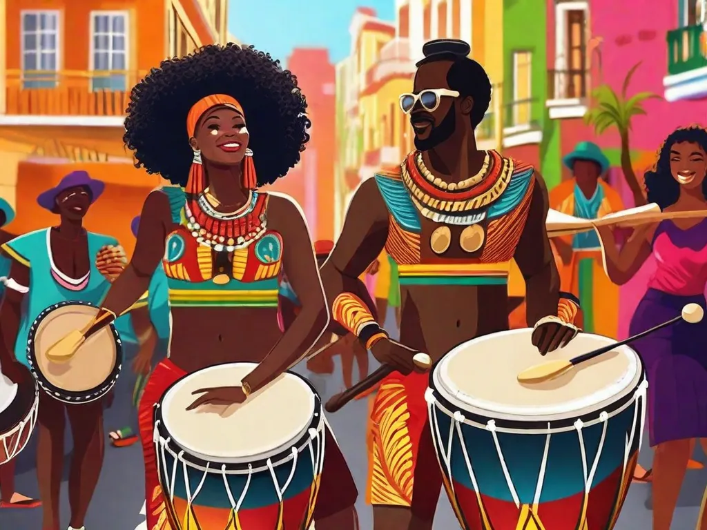 Uma imagem vibrante de um grupo de músicos tocando instrumentos tradicionais africanos, como o djembe e a kora, ao lado de músicos brasileiros tocando instrumentos de samba e bossa nova. A fusão desses sons diversos simboliza a rica influência africana na música brasileira, celebrando o intercâmbio cultural entre os dois continentes.