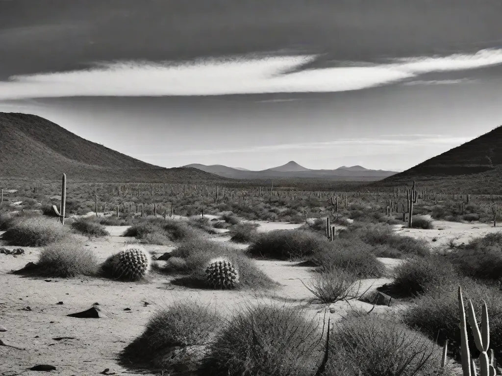 Uma fotografia em preto e branco de uma paisagem acidentada no sertão brasileiro, apresentando vastas extensões de terra seca e estéril, com cactos espalhados e arbustos espinhosos. A imagem captura a dura realidade retratada em 
