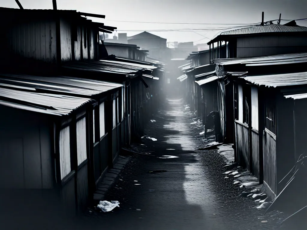 Uma fotografia em preto e branco de uma área de favela em ruínas, com prédios desmoronados e ruas sujas. A imagem retrata a dura realidade da pobreza e desigualdade, refletindo a crítica de Aluísio Azevedo às questões sociais e sua abordagem naturalista ao retratar a vida dos marginalizados.