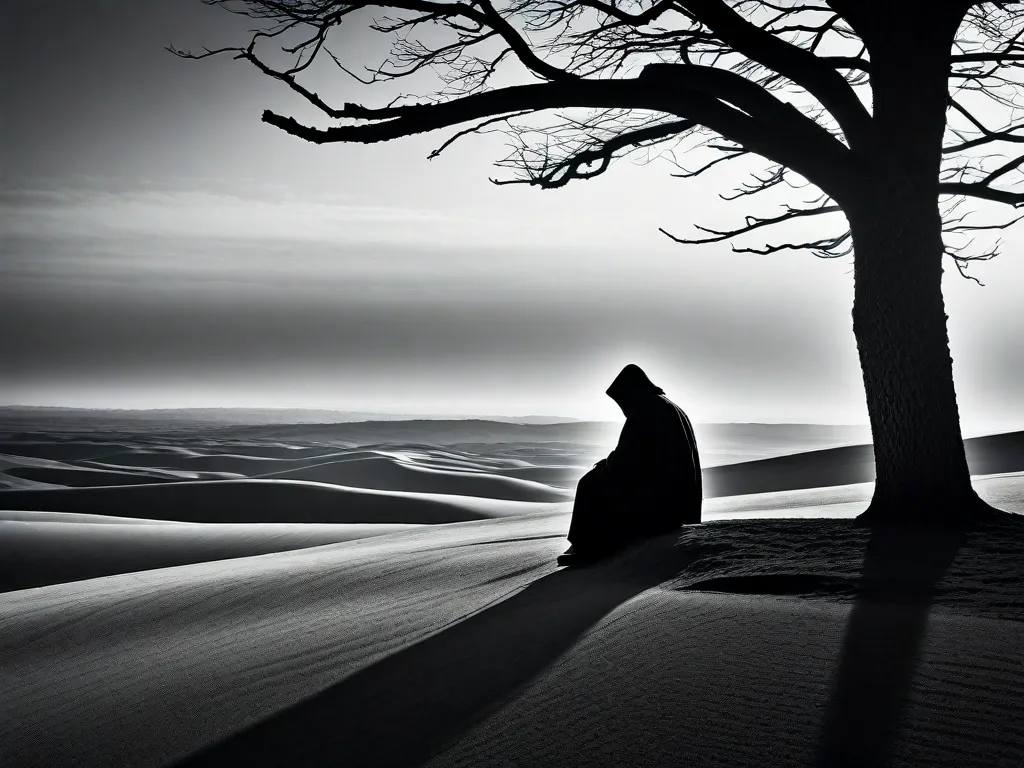 Descrição: Uma fotografia em preto e branco de uma figura solitária em pé diante de uma paisagem desolada. A figura está curvada, o rosto obscurecido pelas sombras, transmitindo uma sensação de profunda contemplação e melancolia. O ambiente árido reflete a perspectiva angustiada do poeta sobre a vida e a condição humana.