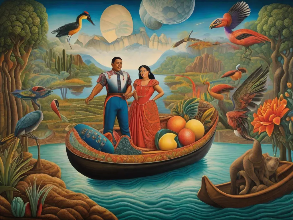Mergulhe no surrealismo de Diego Rivera e na arte mexicana com essa imagem cativante. Um mural vibrante retrata um mundo fantástico onde objetos flutuantes desafiam a gravidade, fundindo-se com paisagens oníricas. As pinceladas intricadas e as cores ousadas de Rivera transportam os espectadores para um reino de imaginação e significado cultural.